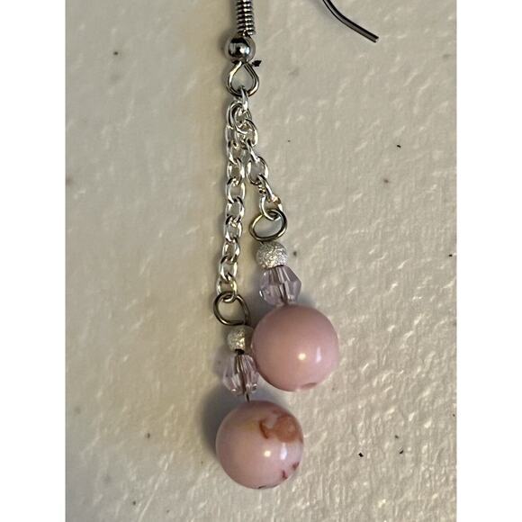 Faux Pink Turquoise & Crystal Beaded Dangle Earrings, Silver Tone  NEW - Picture 4 of 7
